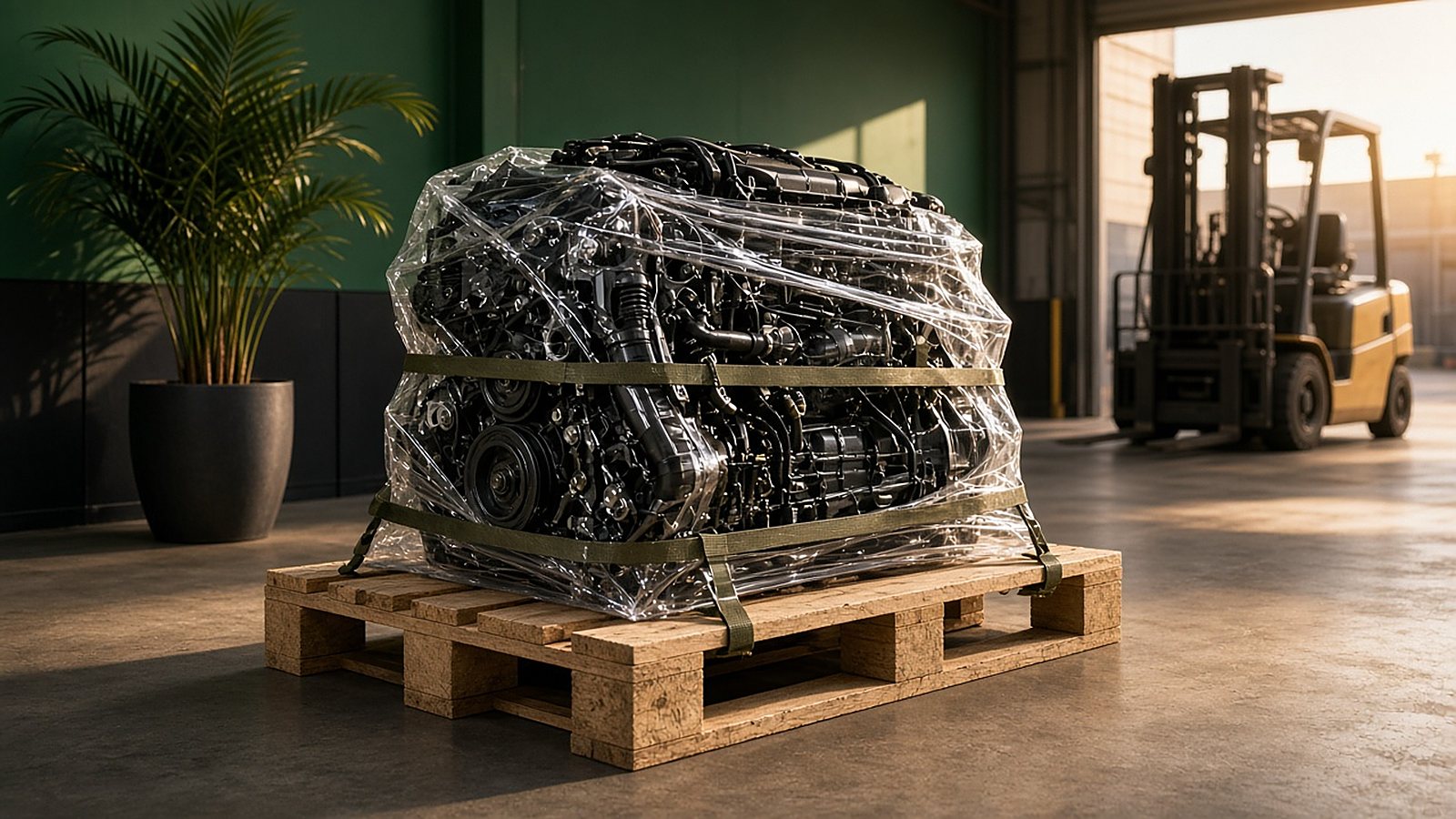Used BMW engine strapped to a pallet for shipping